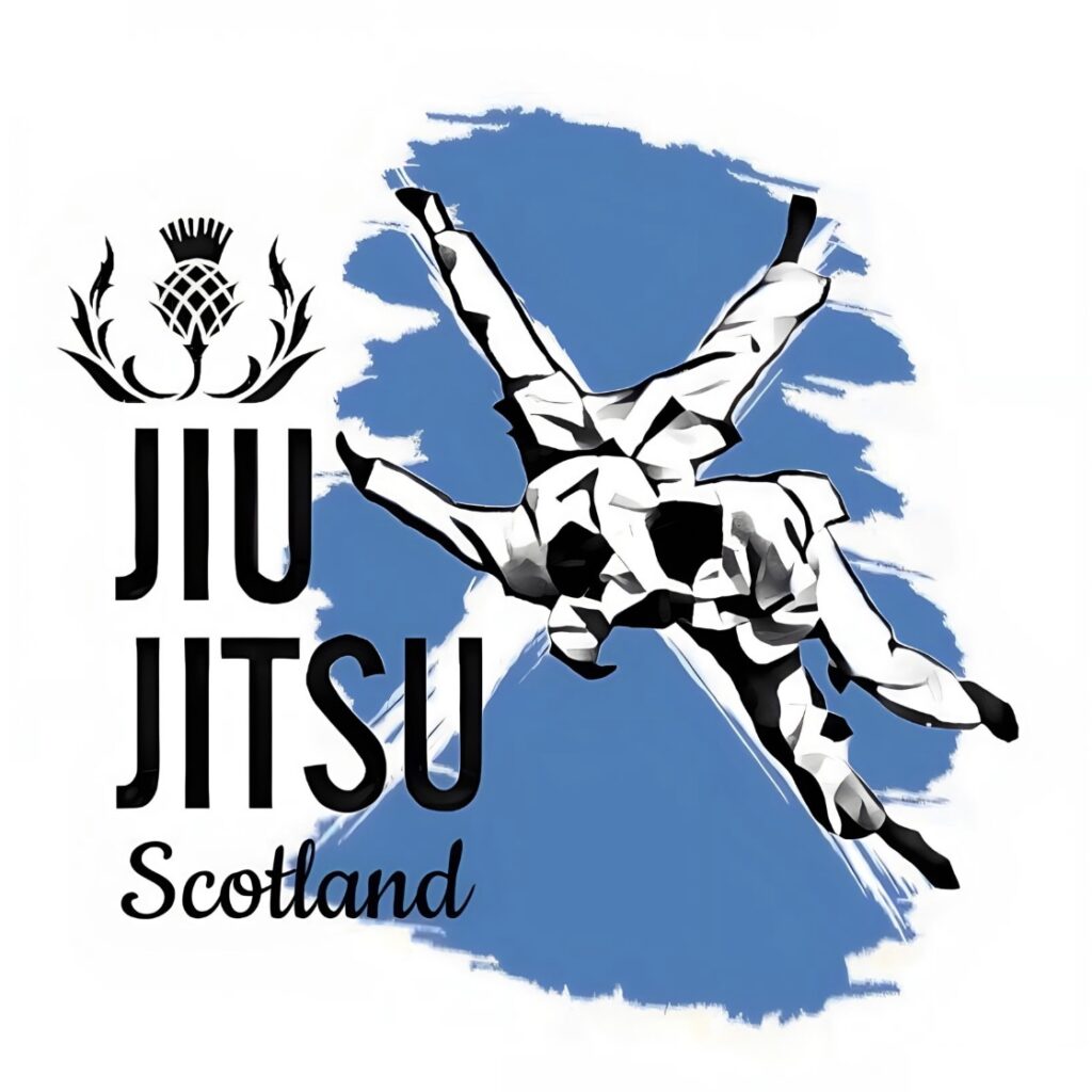 Logo of Jiu Jitsu Scotland showing two jitsuka training a throw